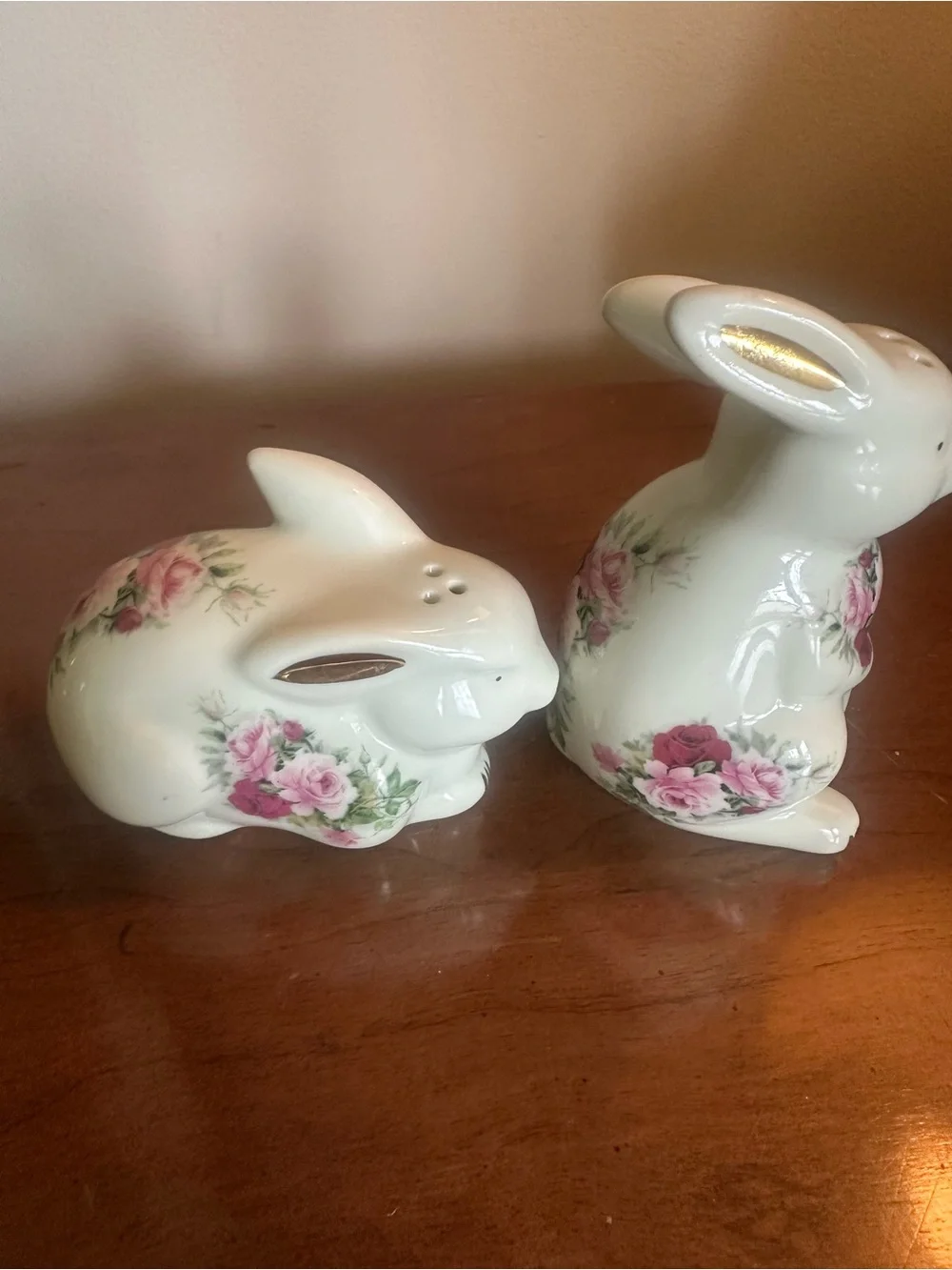 Vintage Victorian Rose Porcelain Bunny Salt and Pepper Shakers